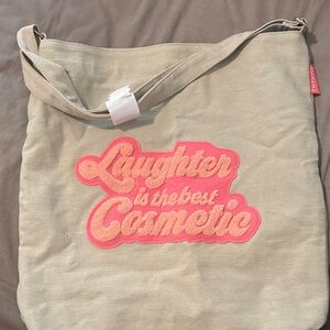 Benefit Cosmetics Beige Shoulder Bag with Pink Embroidery